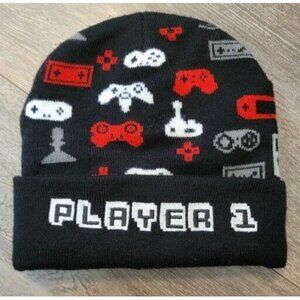 Gamer Beanie Player 1 Winter Black Hat Video Game Stocking Hat Street Wear Y2K